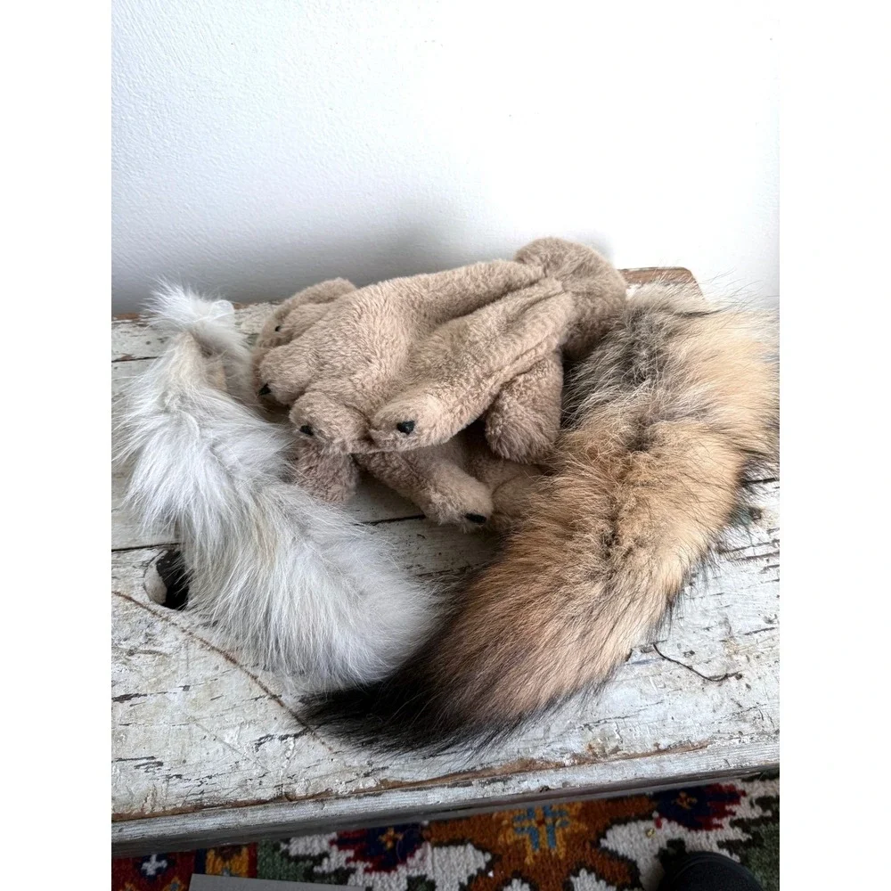 Kids Paw Mittens and Real Fur Tail Set Tan‎ Brown White Cosplay Costume Furries